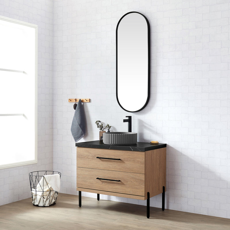 Vinnova 705136B-NO-SL Trento 36B" Single Sink Bath Vanity in North American Oak with Black Sintered Stone Top and Circular Concrete Sink