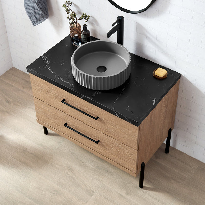 Vinnova 705136B-NO-SL Trento 36B" Single Sink Bath Vanity in North American Oak with Black Sintered Stone Top and Circular Concrete Sink
