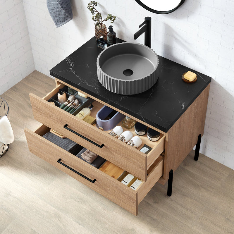 Vinnova 705136B-NO-SL Trento 36B" Single Sink Bath Vanity in North American Oak with Black Sintered Stone Top and Circular Concrete Sink