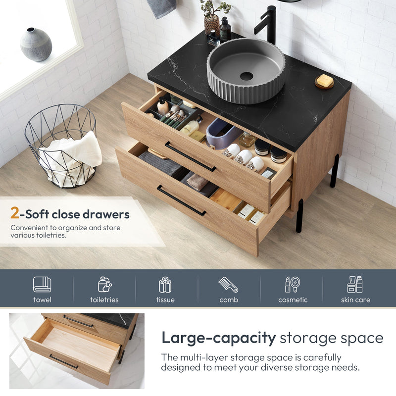 Vinnova 705136B-NO-SL Trento 36B" Single Sink Bath Vanity in North American Oak with Black Sintered Stone Top and Circular Concrete Sink