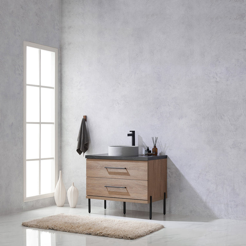 Vinnova 705136C-NO-SL Trento 36" Single Vanity in North American Oak with Black Sintered Stone Top with Circular Concrete Sink
