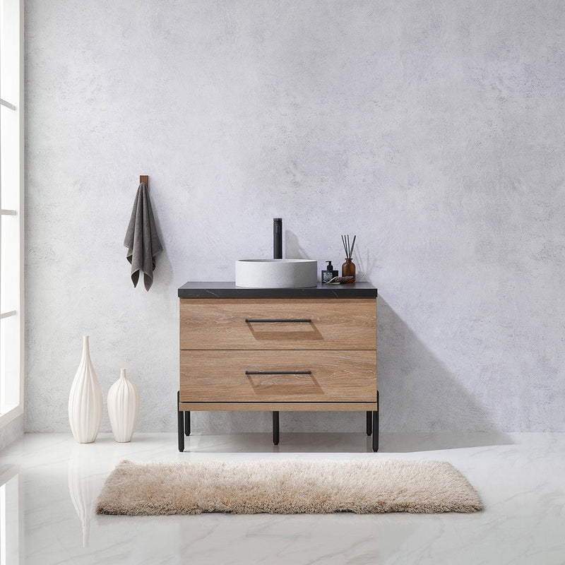 Vinnova 705136C-NO-SL Trento 36" Single Vanity in North American Oak with Black Sintered Stone Top with Circular Concrete Sink