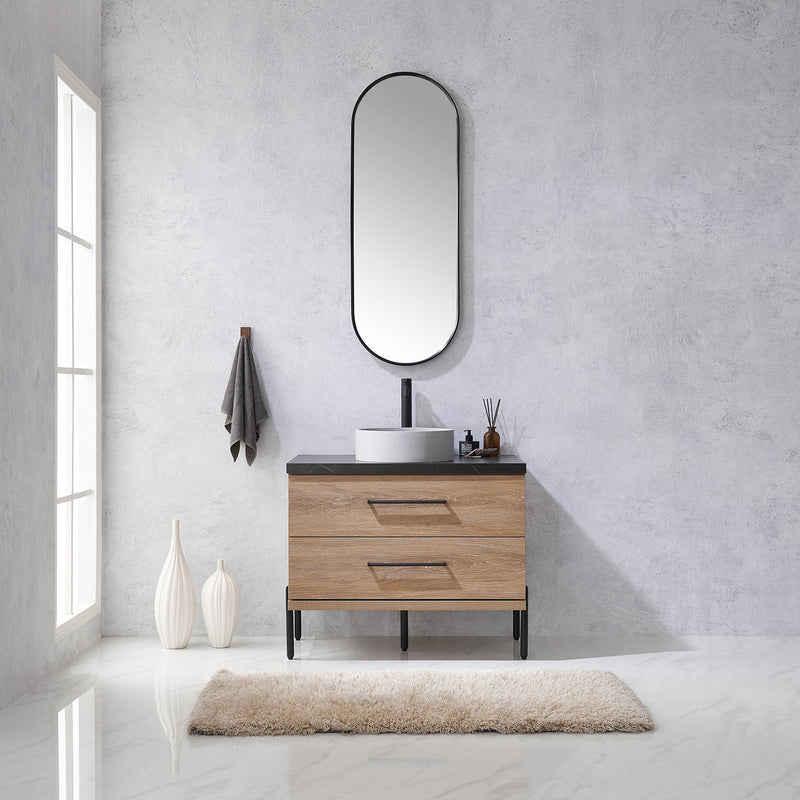 Vinnova 705136C-NO-SL Trento 36" Single Vanity in North American Oak with Black Sintered Stone Top with Circular Concrete Sink