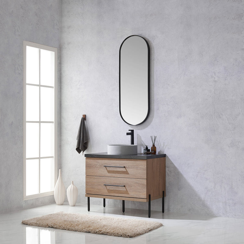 Vinnova 705136C-NO-SL Trento 36" Single Vanity in North American Oak with Black Sintered Stone Top with Circular Concrete Sink