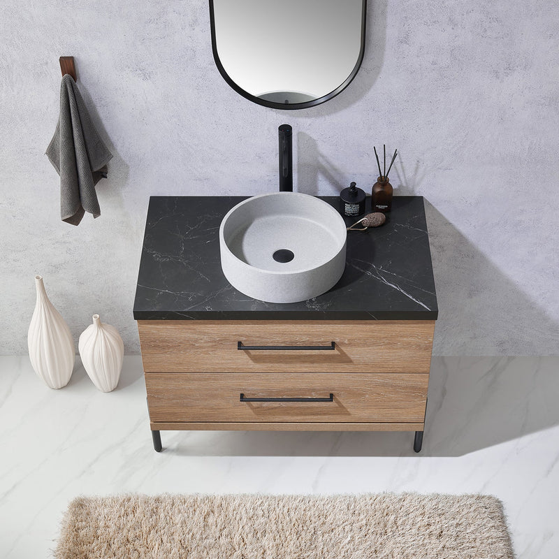 Vinnova 705136C-NO-SL Trento 36" Single Vanity in North American Oak with Black Sintered Stone Top with Circular Concrete Sink