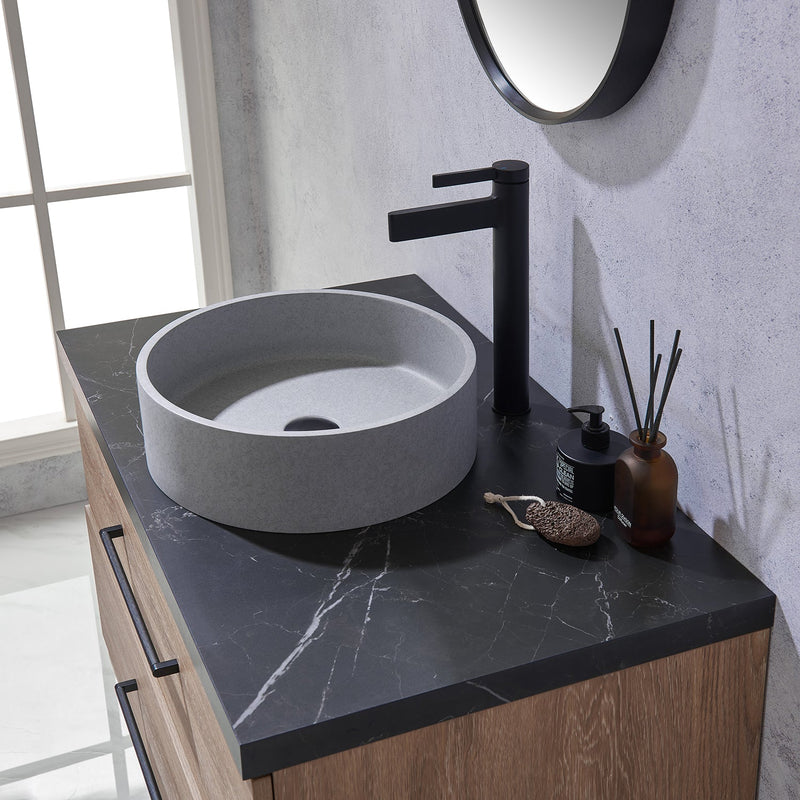 Vinnova 705136C-NO-SL Trento 36" Single Vanity in North American Oak with Black Sintered Stone Top with Circular Concrete Sink