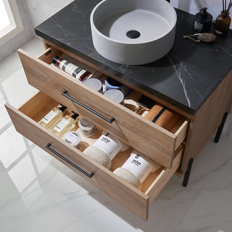 Vinnova 705136C-NO-SL Trento 36" Single Vanity in North American Oak with Black Sintered Stone Top with Circular Concrete Sink