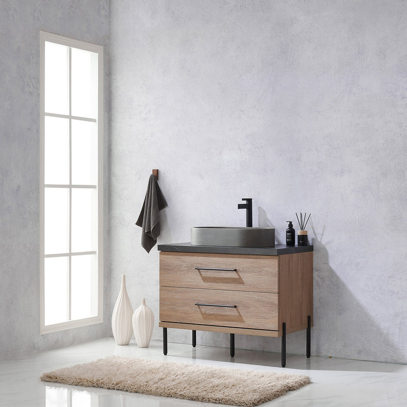 Vinnova 705136O-NO-SL Trento 36" Single Vanity in North American Oak with Black Sintered Stone Top with Oval Concrete Sink