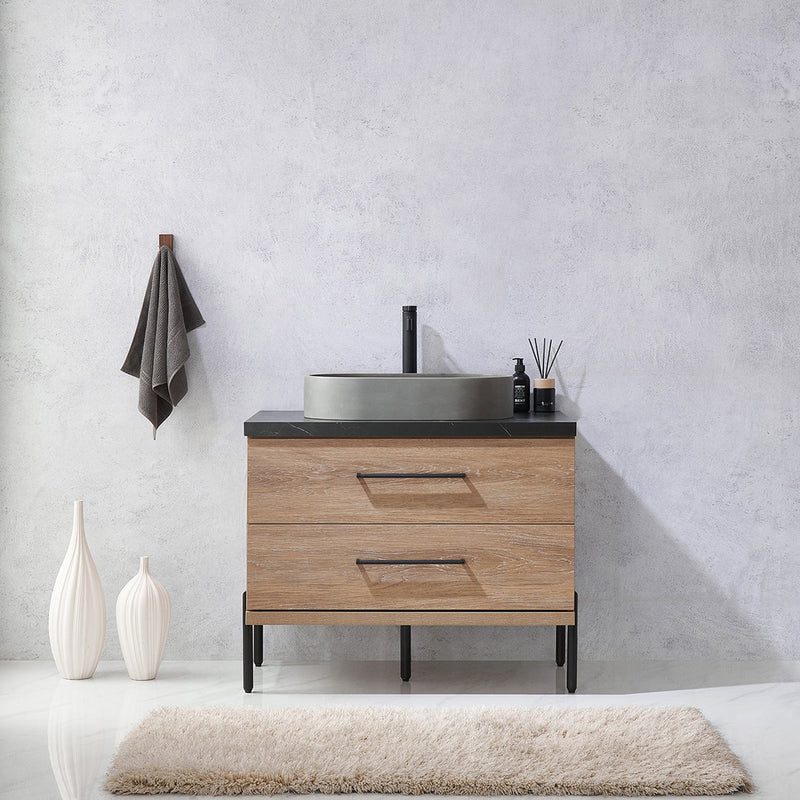 Vinnova 705136O-NO-SL Trento 36" Single Vanity in North American Oak with Black Sintered Stone Top with Oval Concrete Sink