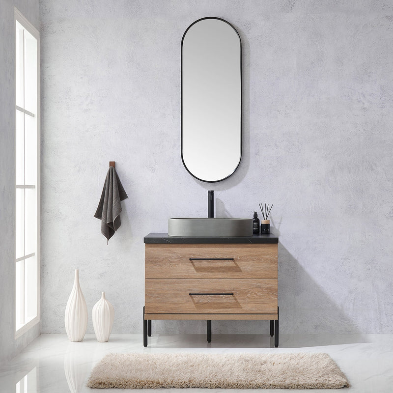 Vinnova 705136O-NO-SL Trento 36" Single Vanity in North American Oak with Black Sintered Stone Top with Oval Concrete Sink