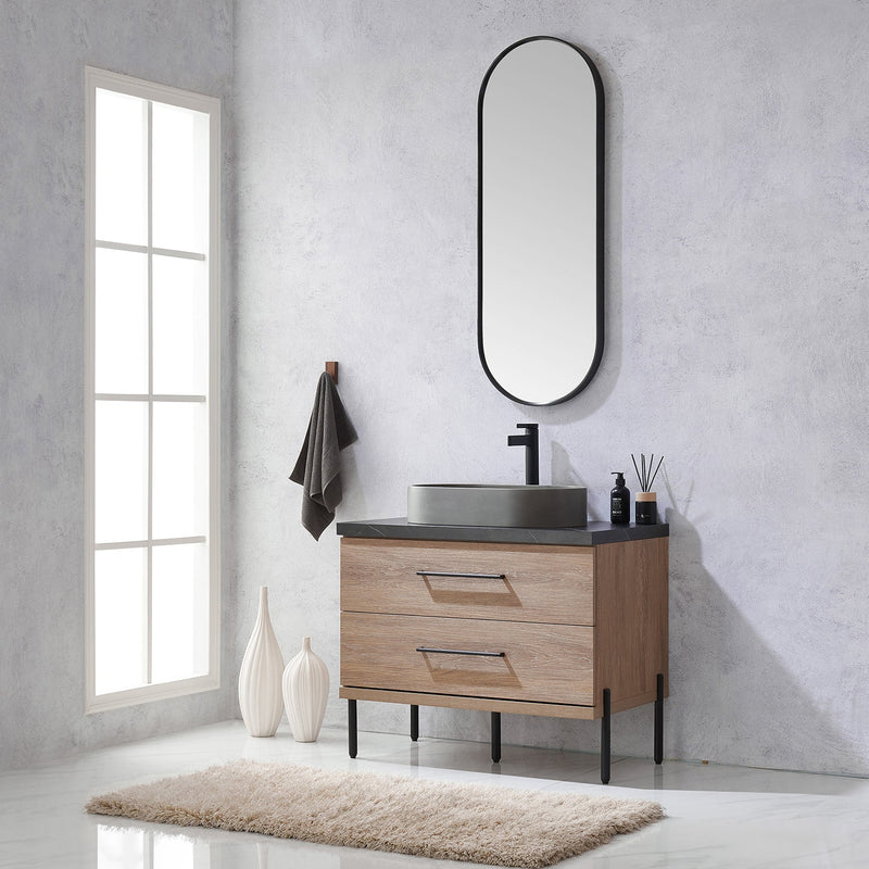 Vinnova 705136O-NO-SL Trento 36" Single Vanity in North American Oak with Black Sintered Stone Top with Oval Concrete Sink