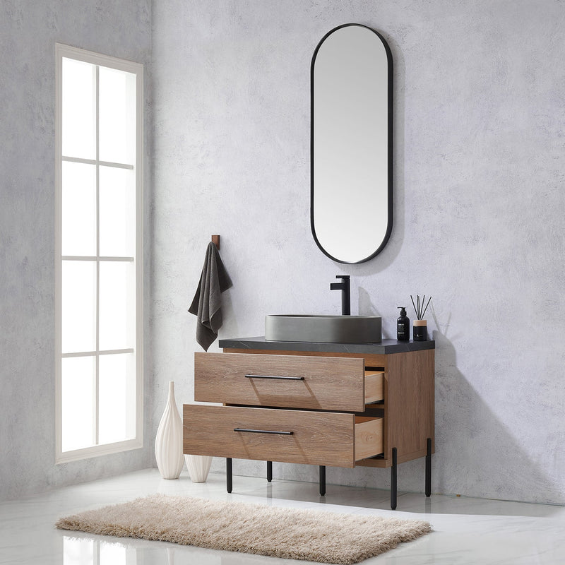 Vinnova 705136O-NO-SL Trento 36" Single Vanity in North American Oak with Black Sintered Stone Top with Oval Concrete Sink