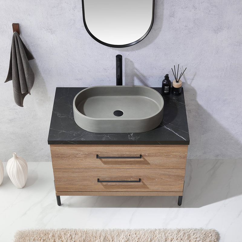 Vinnova 705136O-NO-SL Trento 36" Single Vanity in North American Oak with Black Sintered Stone Top with Oval Concrete Sink