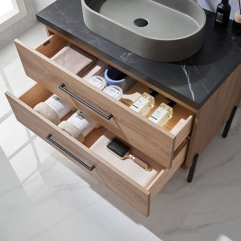 Vinnova 705136O-NO-SL Trento 36" Single Vanity in North American Oak with Black Sintered Stone Top with Oval Concrete Sink