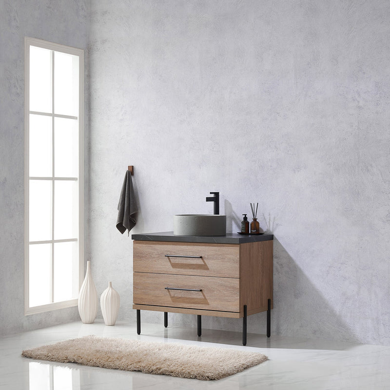 Vinnova 705136R-NO-SL Trento 36" Single Vanity in North American Oak with Black Sintered Stone Top with Natural Circular Concrete Sink