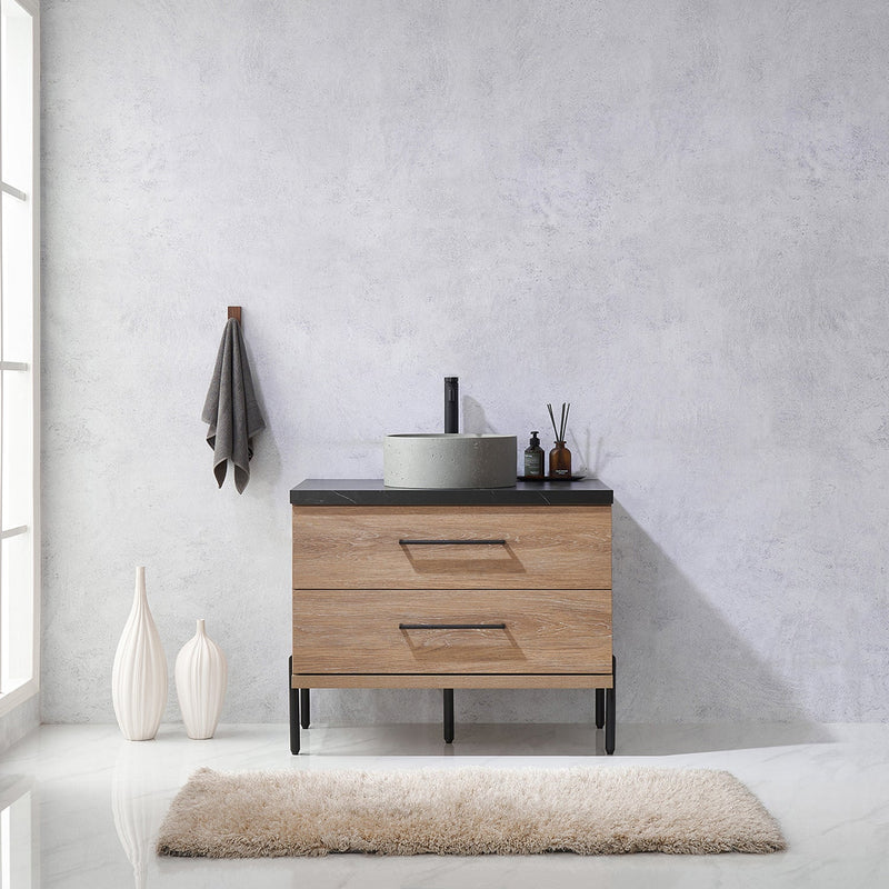 Vinnova 705136R-NO-SL Trento 36" Single Vanity in North American Oak with Black Sintered Stone Top with Natural Circular Concrete Sink