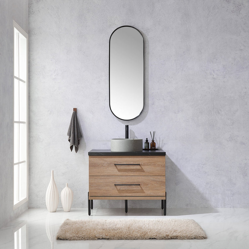 Vinnova 705136R-NO-SL Trento 36" Single Vanity in North American Oak with Black Sintered Stone Top with Natural Circular Concrete Sink