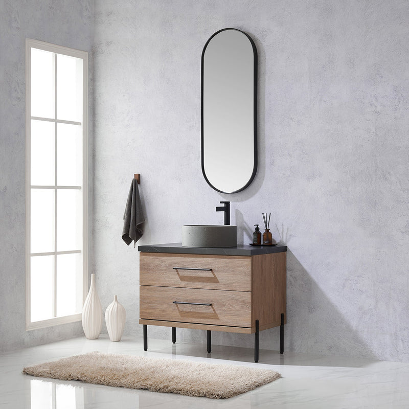 Vinnova 705136R-NO-SL Trento 36" Single Vanity in North American Oak with Black Sintered Stone Top with Natural Circular Concrete Sink