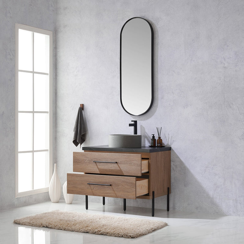 Vinnova 705136R-NO-SL Trento 36" Single Vanity in North American Oak with Black Sintered Stone Top with Natural Circular Concrete Sink