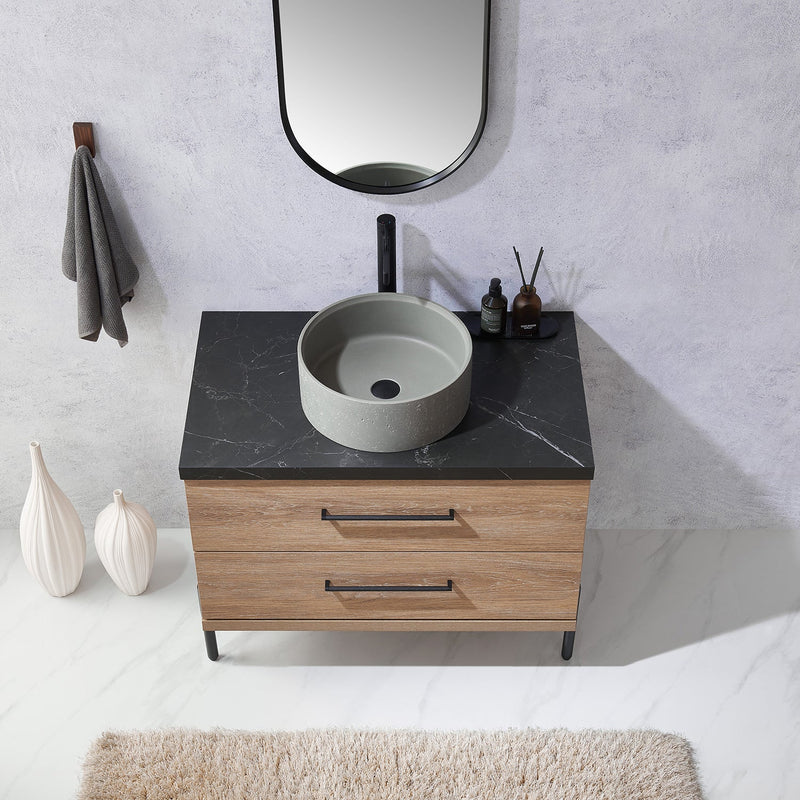 Vinnova 705136R-NO-SL Trento 36" Single Vanity in North American Oak with Black Sintered Stone Top with Natural Circular Concrete Sink