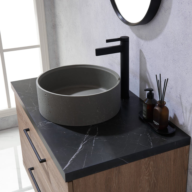 Vinnova 705136R-NO-SL Trento 36" Single Vanity in North American Oak with Black Sintered Stone Top with Natural Circular Concrete Sink