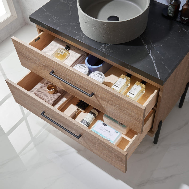 Vinnova 705136R-NO-SL Trento 36" Single Vanity in North American Oak with Black Sintered Stone Top with Natural Circular Concrete Sink