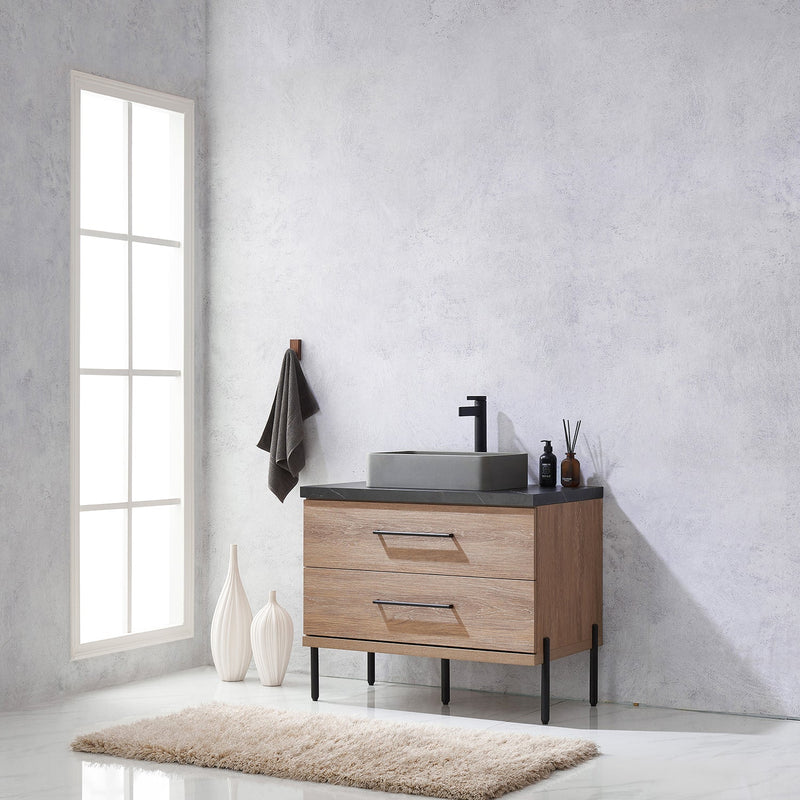 Vinnova 705136S-NO-SL Trento 36" Single Vanity in North American Oak with Black Sintered Stone Top with Rectangular Concrete Sink