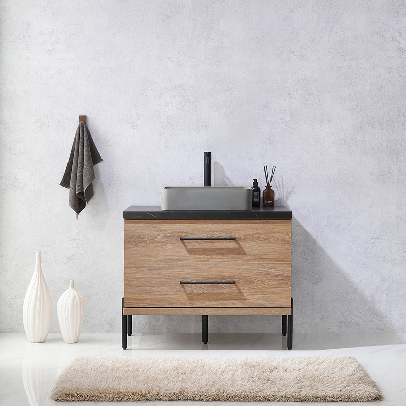 Vinnova 705136S-NO-SL Trento 36" Single Vanity in North American Oak with Black Sintered Stone Top with Rectangular Concrete Sink