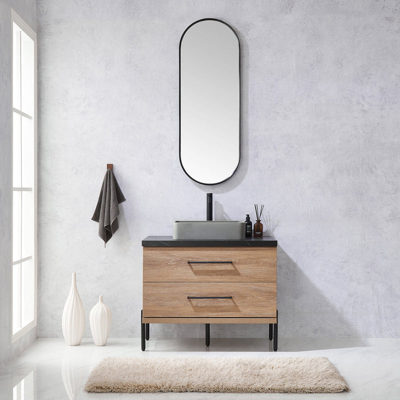 Vinnova 705136S-NO-SL Trento 36" Single Vanity in North American Oak with Black Sintered Stone Top with Rectangular Concrete Sink