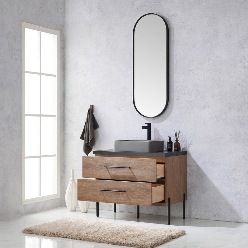 Vinnova 705136S-NO-SL Trento 36" Single Vanity in North American Oak with Black Sintered Stone Top with Rectangular Concrete Sink