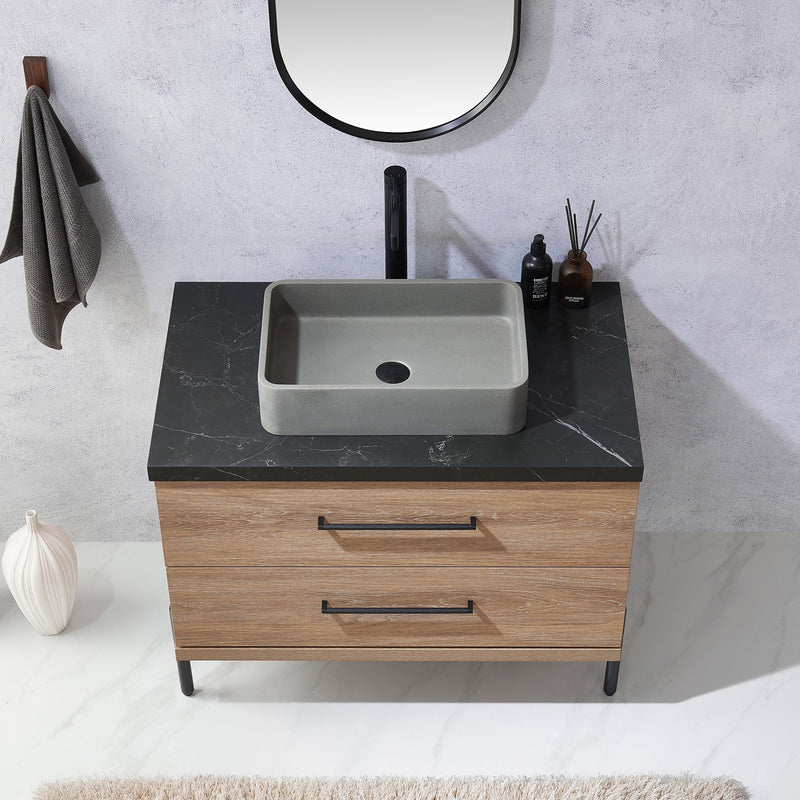 Vinnova 705136S-NO-SL Trento 36" Single Vanity in North American Oak with Black Sintered Stone Top with Rectangular Concrete Sink