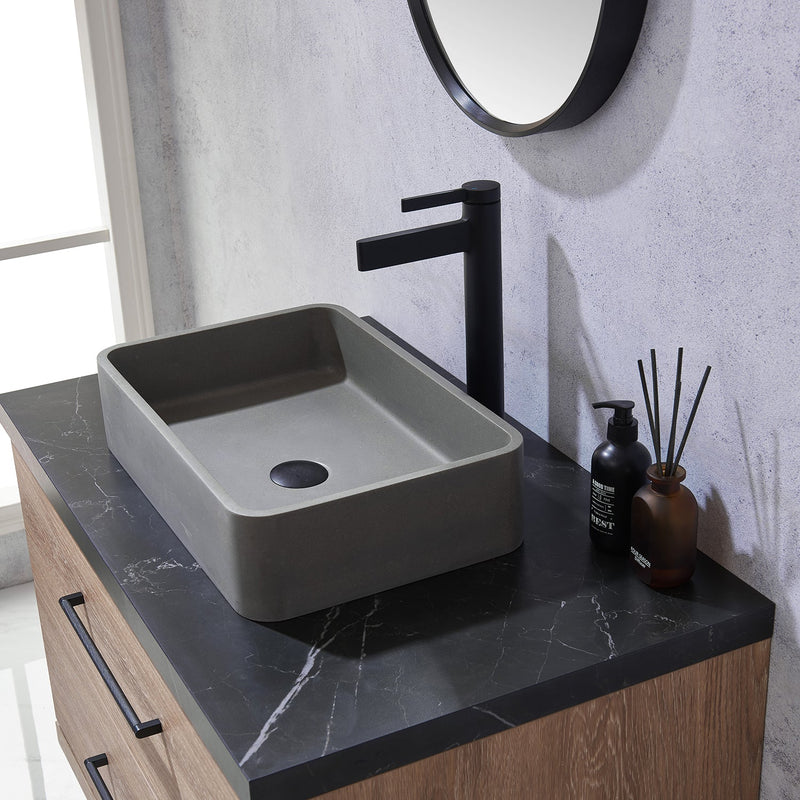 Vinnova 705136S-NO-SL Trento 36" Single Vanity in North American Oak with Black Sintered Stone Top with Rectangular Concrete Sink