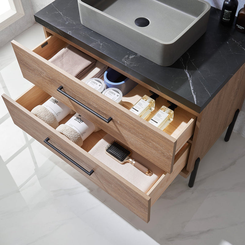 Vinnova 705136S-NO-SL Trento 36" Single Vanity in North American Oak with Black Sintered Stone Top with Rectangular Concrete Sink