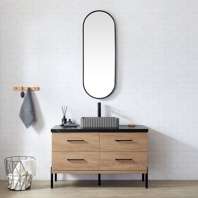 Vinnova 705148A-NO-SL Trento 48A" Single Sink Bath Vanity in North American Oak with Black Sintered Stone Top and Rectangular Concrete Sink