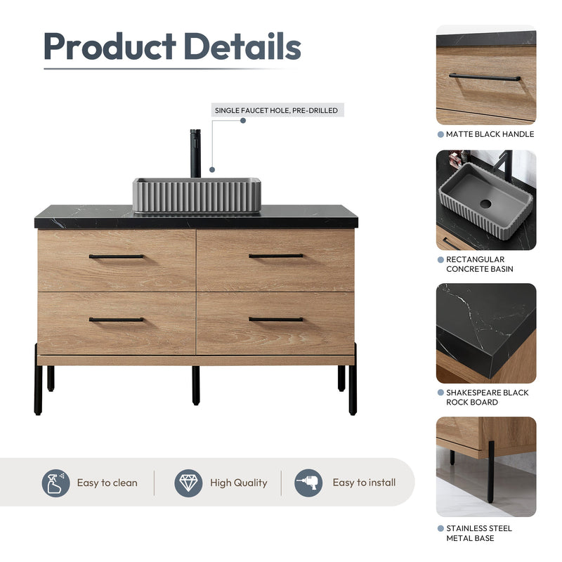 Vinnova 705148A-NO-SL Trento 48A" Single Sink Bath Vanity in North American Oak with Black Sintered Stone Top and Rectangular Concrete Sink
