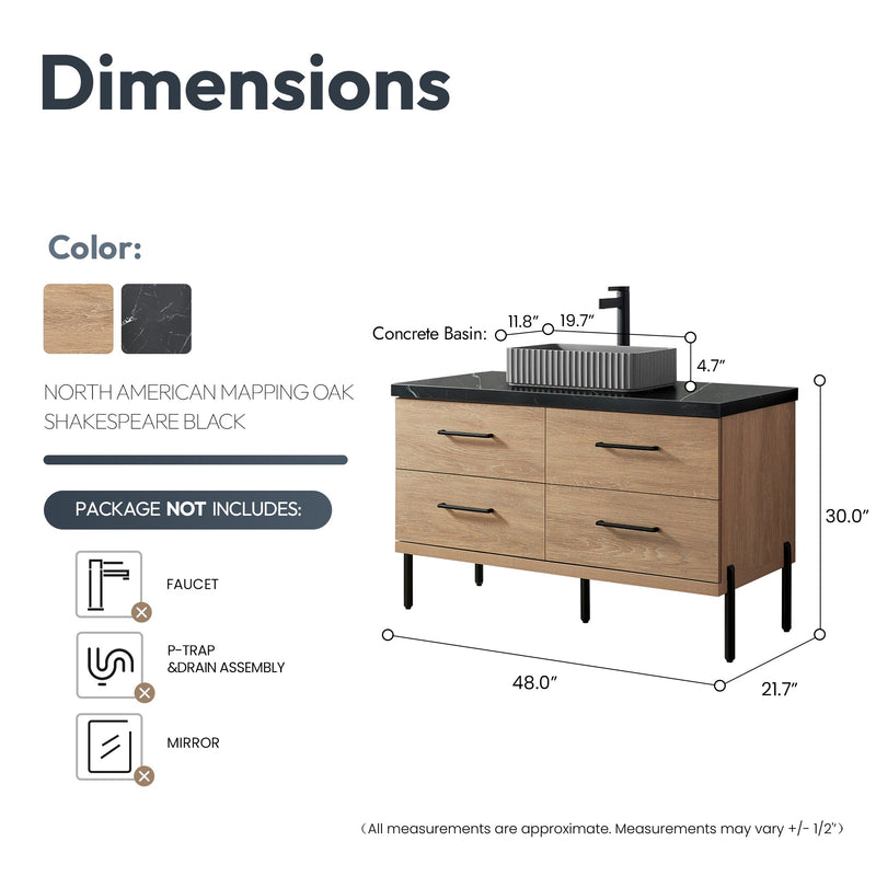 Vinnova 705148A-NO-SL Trento 48A" Single Sink Bath Vanity in North American Oak with Black Sintered Stone Top and Rectangular Concrete Sink