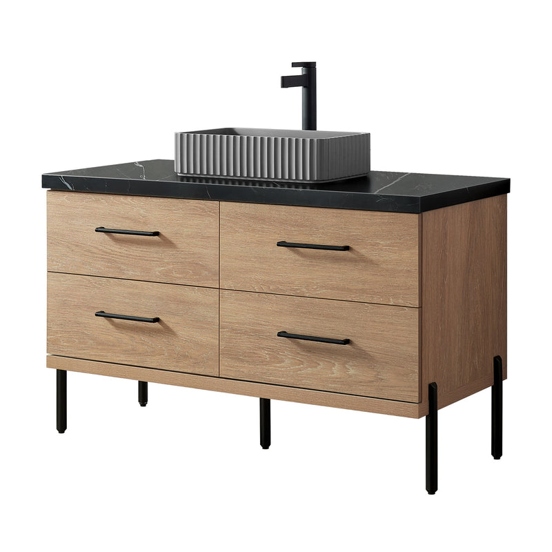 Vinnova 705148B-NO-SL Trento 48B" Single Sink Bath Vanity in North American Oak with Black Sintered Stone Top and Circular Concrete Sink