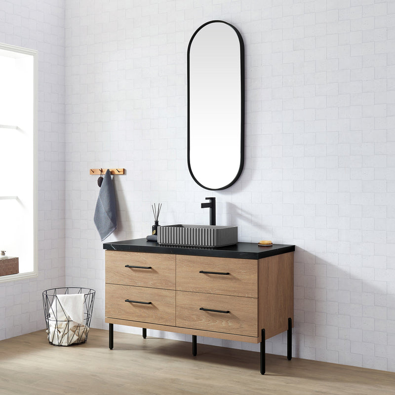 Vinnova 705148A-NO-SL Trento 48A" Single Sink Bath Vanity in North American Oak with Black Sintered Stone Top and Rectangular Concrete Sink
