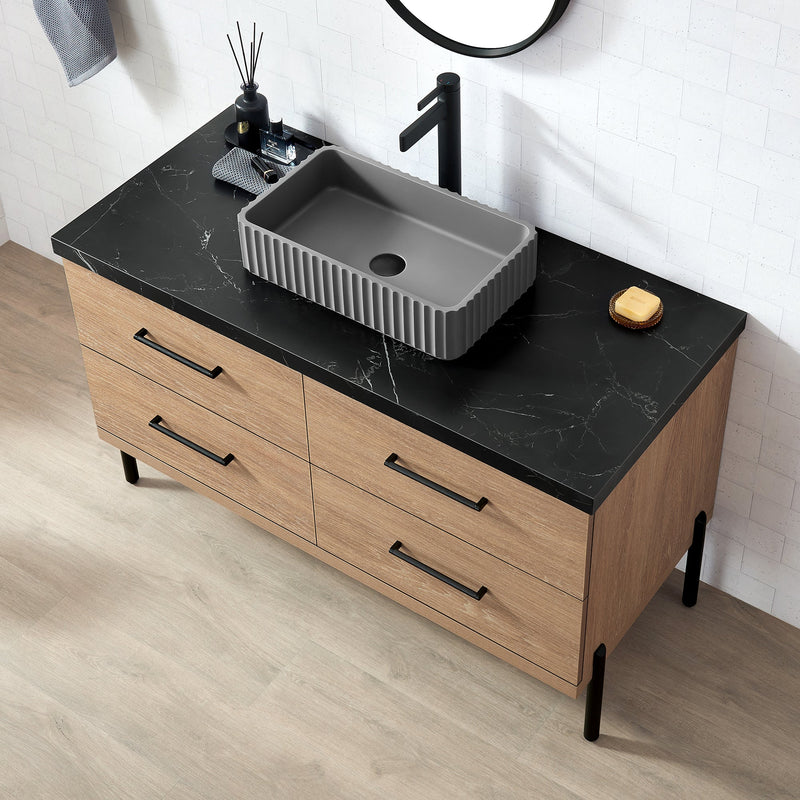 Vinnova 705148A-NO-SL Trento 48A" Single Sink Bath Vanity in North American Oak with Black Sintered Stone Top and Rectangular Concrete Sink