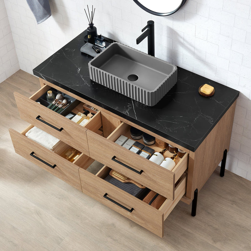 Vinnova 705148A-NO-SL Trento 48A" Single Sink Bath Vanity in North American Oak with Black Sintered Stone Top and Rectangular Concrete Sink