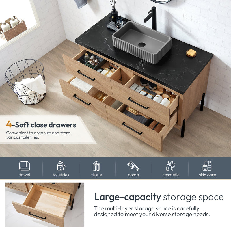 Vinnova 705148A-NO-SL Trento 48A" Single Sink Bath Vanity in North American Oak with Black Sintered Stone Top and Rectangular Concrete Sink
