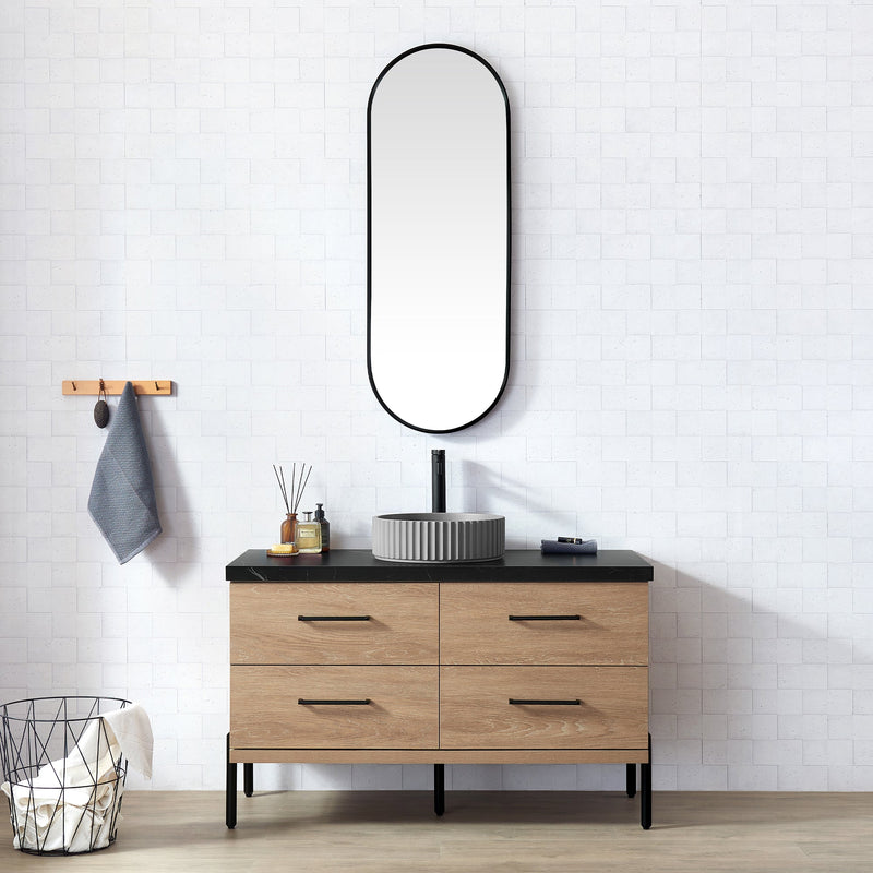Vinnova 705148B-NO-SL Trento 48B" Single Sink Bath Vanity in North American Oak with Black Sintered Stone Top and Circular Concrete Sink