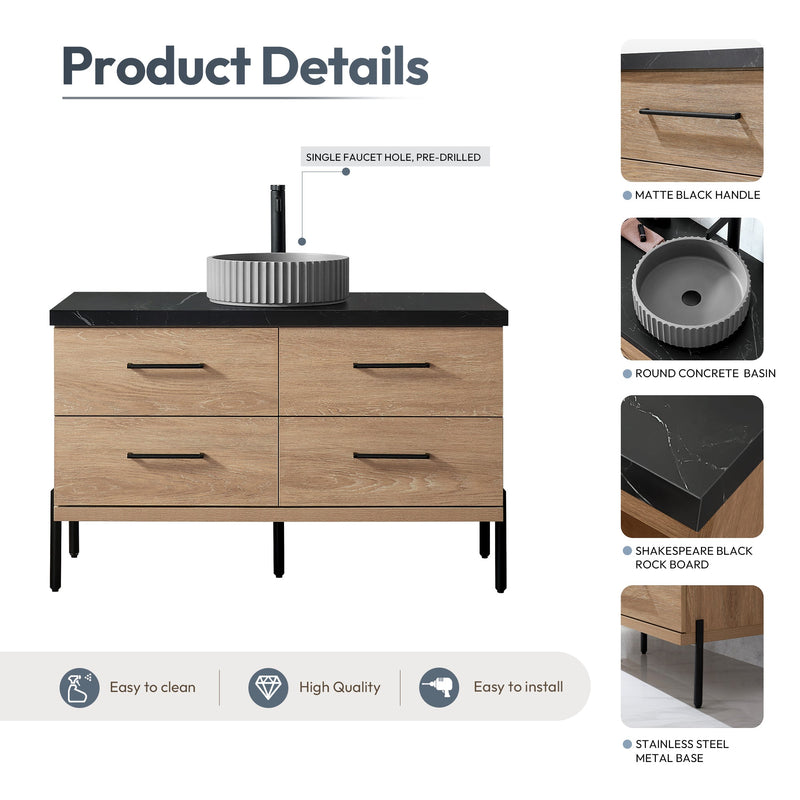 Vinnova 705148B-NO-SL Trento 48B" Single Sink Bath Vanity in North American Oak with Black Sintered Stone Top and Circular Concrete Sink