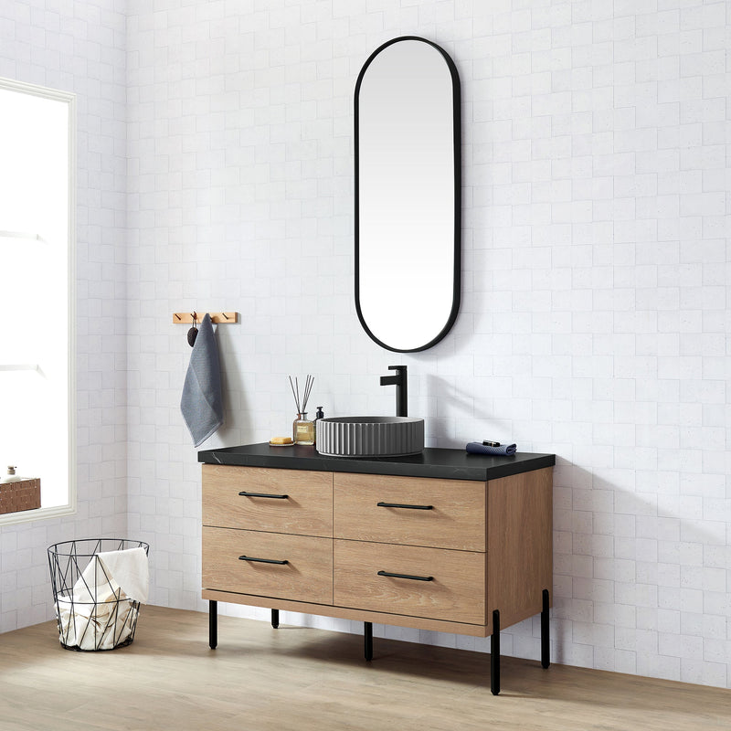 Vinnova 705148B-NO-SL Trento 48B" Single Sink Bath Vanity in North American Oak with Black Sintered Stone Top and Circular Concrete Sink