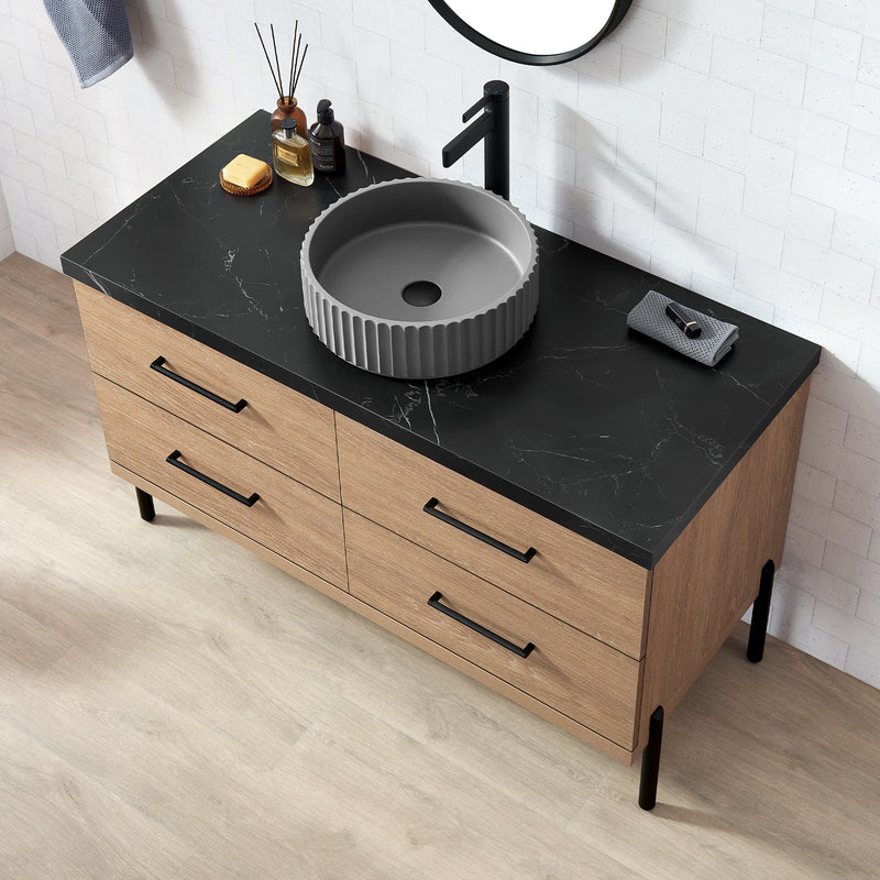 Vinnova 705148B-NO-SL Trento 48B" Single Sink Bath Vanity in North American Oak with Black Sintered Stone Top and Circular Concrete Sink