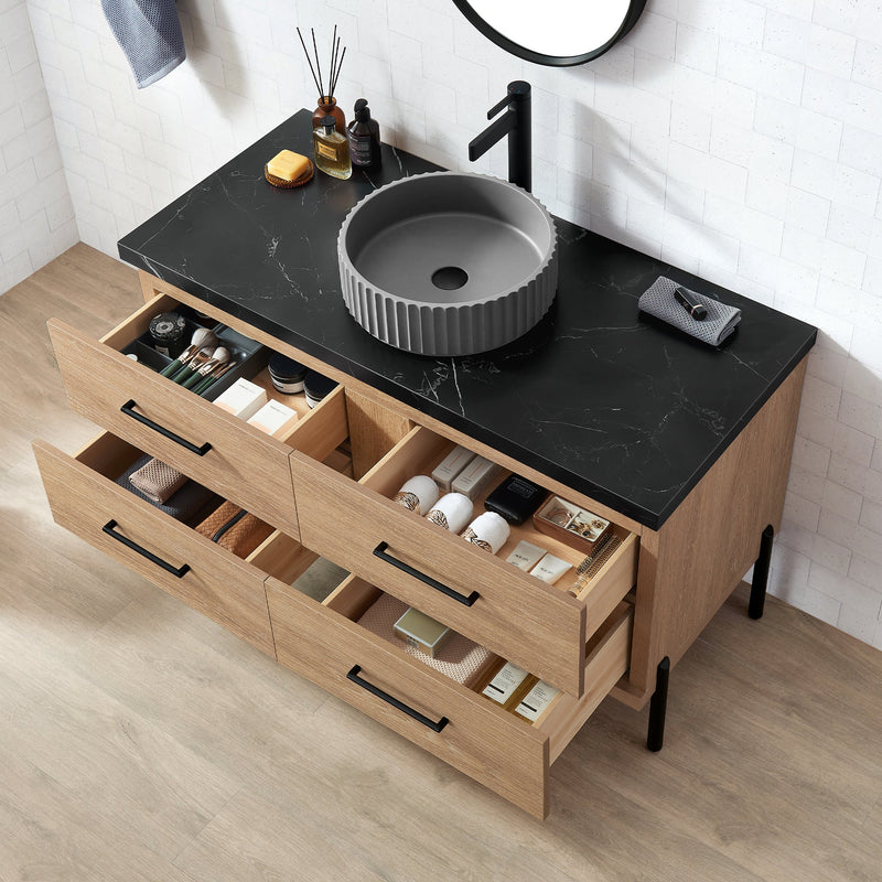 Vinnova 705148B-NO-SL Trento 48B" Single Sink Bath Vanity in North American Oak with Black Sintered Stone Top and Circular Concrete Sink