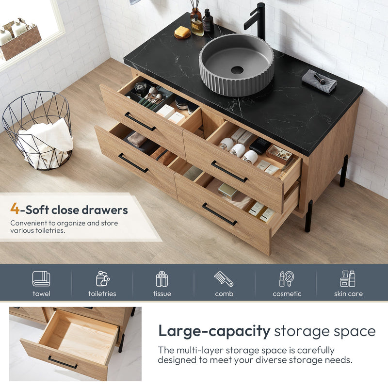 Vinnova 705148B-NO-SL Trento 48B" Single Sink Bath Vanity in North American Oak with Black Sintered Stone Top and Circular Concrete Sink