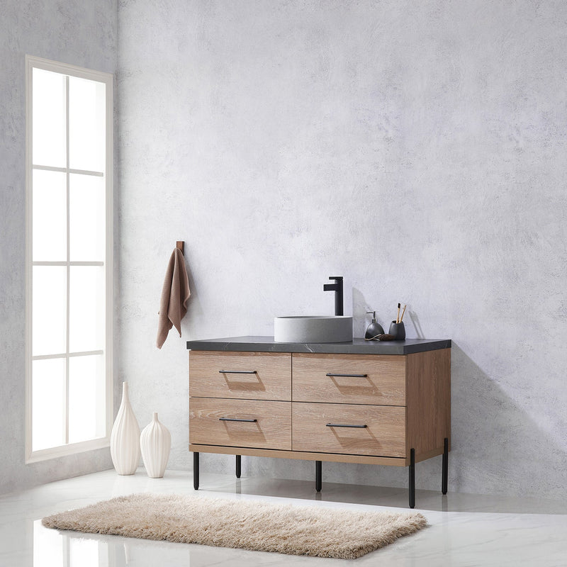 Vinnova 705148C-NO-SL Trento 48" Single Vanity in North American Oak with Black Sintered Stone Top with Circular Concrete Sink