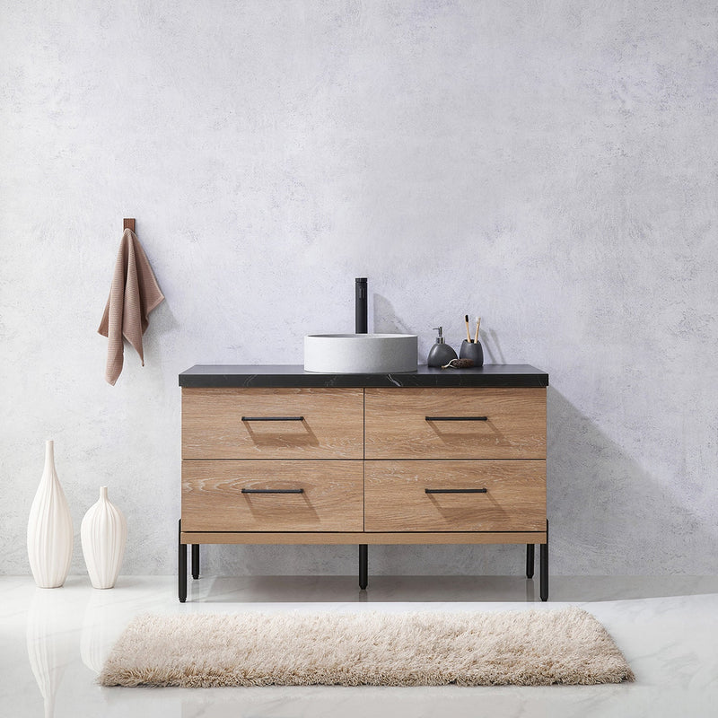 Vinnova 705148C-NO-SL Trento 48" Single Vanity in North American Oak with Black Sintered Stone Top with Circular Concrete Sink