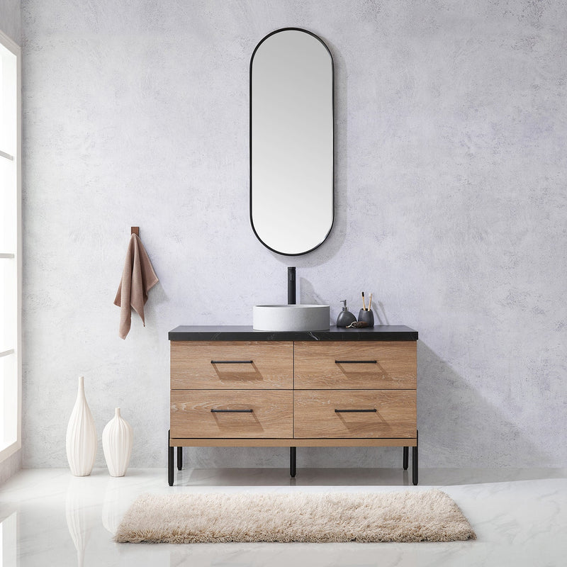 Vinnova 705148C-NO-SL Trento 48" Single Vanity in North American Oak with Black Sintered Stone Top with Circular Concrete Sink